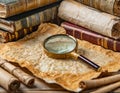 Vintage detective desk with magnifying glass Royalty Free Stock Photo