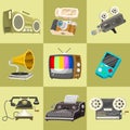 Vintage devices icons. Retro tech media, Television tv, Audio radio music, Electronic sound recorders, Movie Camera