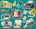 Vintage devices icons. Retro tech media, Television tv, Audio radio music, Electronic sound recorders, Movie Camera