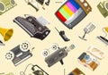 Vintage devices Seamless pattern. Retro tech media, Television tv, Audio radio music, Electronic sound recorders, Movie