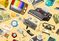 Vintage devices Seamless pattern. Retro tech media, Television tv, Audio radio music, Electronic sound recorders, Movie