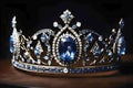 Vintage diadem with blue transparent stones and earrings. Exquisite jewelry tiara with large blue sapphire