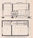 Vintage diagrams of Elevation and Plan of a Disinfecting Station 1900s