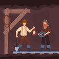 Vintage diggers of American gold rush period in mine, flat vector illustration.