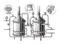 Vintage distillation apparatus sketch. Moonshining vector illustration