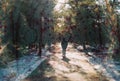 Vintage distressed photo of man walking in the forest.  Stains and scratches Royalty Free Stock Photo