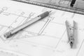 Vintage divider and mechanical pencil on technical drawing Royalty Free Stock Photo