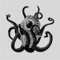 Vintage diving suit with octopus. Retro scuba helmet and tentacles. Tattoo style.