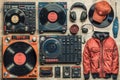 Vintage DJ Setup with Turntables, Mixer, Headphones, Retro Accessories for Music Mixing Royalty Free Stock Photo