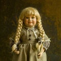 Vintage doll with a beautiful dress and golden braids on the brown background