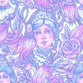 Vintage doll pink neon seamless pattern, vector flowers and needlework cartoon texture