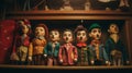 Vintage Dolls In Colorful Clothes Displayed On A Shelf Represent A Collection Or Childhood Nostalgia