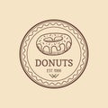 Vintage donut logo. Retro sweet bakery label. Muffin sign. Vector cookie poster. Hipster pastry icon. Desert sign. Royalty Free Stock Photo