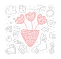 Vintage doodle vector elements and vase with flowers in center for Valentines day. Hand drawn love heart, diamond, ring Royalty Free Stock Photo