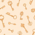 Vintage door keys pattern. Seamless handdrawn monochrome background with antique repeating print. Endless texture design