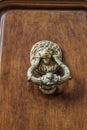 Vintage door knocker on green wooden door. Royalty Free Stock Photo