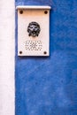 Vintage doorbell with a lion head ornament on a blue wall.