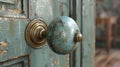 Vintage doorknob on a distressed door. Antique handle on a worn wooden surface. Concept of history, aged architecture Royalty Free Stock Photo