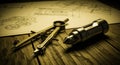 Vintage drafting compass and precision tools on wooden table with architectural blueprints and sketches background Royalty Free Stock Photo