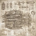Vintage drafting of a steampunk engine on old paper, technical drawing, abstract blueprint, generative ai
