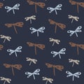 Vintage dragonfly seamless pattern on blue background. Doodle dragonflies wallpaper Royalty Free Stock Photo