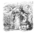 Vintage Drawing of Biblical Abraham is Going to Sacrifice Isaac, but is Stopped by Angel