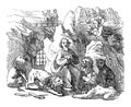 Vintage Drawing of Biblical Prophet Daniel in Lion`s Den. Old Man Surrounded by Lions. Bible, Old Testament, Daniel 6 Royalty Free Stock Photo