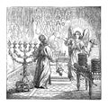 Vintage Drawing of Biblical Story of the Birth of John the Baptist Foretold. Angel Gabriel Talking to Priest Zechariah Royalty Free Stock Photo