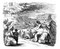 Vintage Drawing of Biblical Story of Israelites Bow Down Under Mount Sinai When Got Give Moses Stone Tablets With Ten