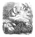 Vintage Drawing of Biblical Story of Jesus Prays in Gethsemane, While Disciples are Falling to Sleep.Angel is Giving Him