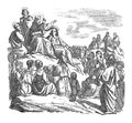 Vintage Drawing of Biblical Story of Jesus teaching the Crowd, Sermon in the Mount.Bible, New Testament, Matthew 5