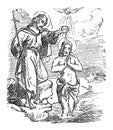Vintage Drawing of Biblical Story of John the Baptist Baptizing Jesus in River Jordan. Bible, New Testament, Matthew 3