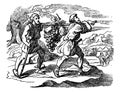 Vintage Drawing of Biblical Story of Scouts of Israelites Returning with Fruits. Two Men Carry Large Grape Bunch