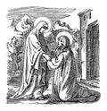 Vintage Drawing of Biblical Story of Virgin Mary, Mother of Jesus, Visiting Saint Elizabeth. Bible, New Testament, Luke Royalty Free Stock Photo