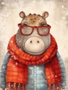 Vintage drawing of a cute hippopotamus dressed in a scarf and coat