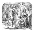 Vintage Drawing of Biblical Story of Angel Gabriel Speaking to Virgin Mary about Immaculate Conception and Birth of Royalty Free Stock Photo