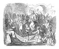 Vintage Drawing of Biblical Story of Jesus Comes to Jerusalem Triumphal as King Welcomed by Crowds.Bible, New Testament