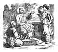 Vintage Drawing of Biblical Story of Jesus at Home of Mary and Martha .Bible, New Testament, Luke 10 Royalty Free Stock Photo