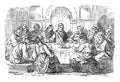 Vintage Drawing Of Biblical Story Of Jesus And Twelve Disciples And The Last Supper. Bible, New Testament,Matthew 26