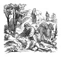 Vintage Drawing of Biblical Story of Jesus and the Parable of Good Samaritan.Bible, New Testament, Luke 10