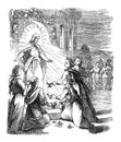 Vintage Drawing of Biblical Story of Jesus and the Parable of Ten Virgins with Lamps.Five Wise With Oil, Five Foolish