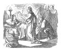 Vintage Drawing of Biblical Story of Jesus Raised Dead Girl and Healed Sick Woman.Bible, New Testament, Mark 5 Royalty Free Stock Photo