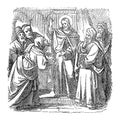 Vintage Drawing of Biblical Story of Jesus Talking with Priests and Teachers in Temple in Jerusalem about His Authority