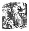 Vintage Drawing Of Biblical Story Of Jesus Talks With Samaritan Woman Near Well.Bible, New Testament, John 4