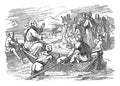 Vintage Drawing of Biblical Story of Jesus Teaching Crowd by the Lake.Parable of the Sower. Bible, New Testament,Matthew