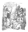 Vintage Drawing of Biblical Story of John the Baptist Baptizing People in the Jordan River. Bible, New Testament