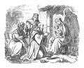 Vintage Drawing of Biblical Story of Three Wise Men or Kings Visiting Newborn Jesus in Bethlehem and Giving Him Gifts