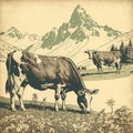 Vintage drawing, engraving, cows grazing in alpine meadows in the mountains, a good background for advertising dairy products