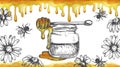 vintage drawing with honeycombs, honey & bees. design for packaging, banner. yellow watercolor honeycombs and graphic ink drawing Royalty Free Stock Photo