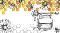 vintage drawing with honeycombs, honey & bees. design for packaging, banner. yellow watercolor honeycombs and graphic ink drawing Royalty Free Stock Photo